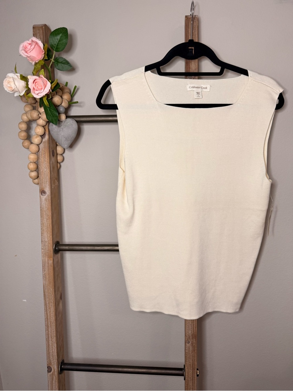 Coldwater Creek NWT Cream Sleeveless Knit Silk Blend Neutral Top Size Large